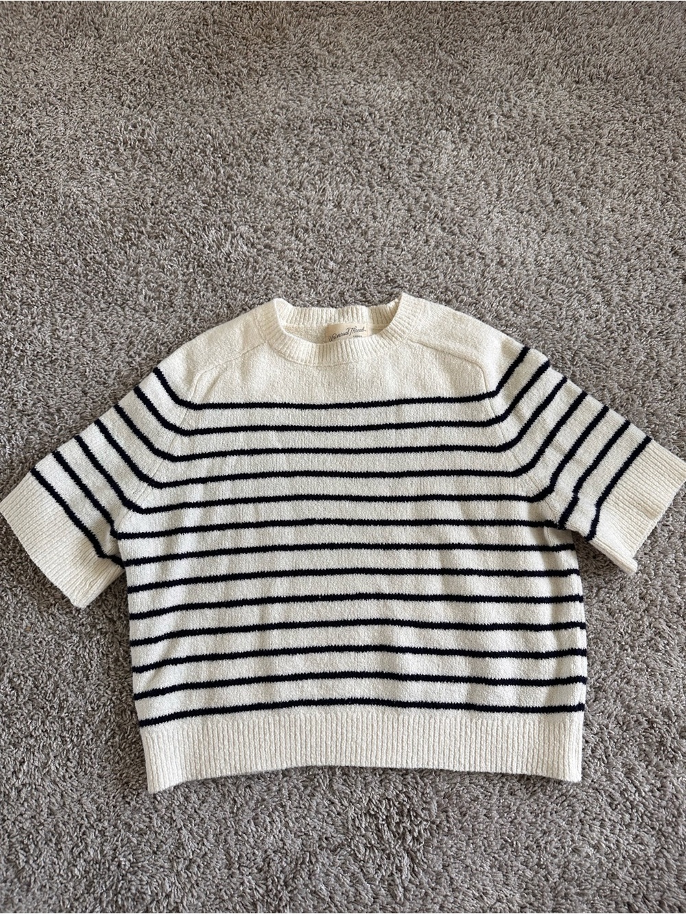 Cream and Navy Nautical Striped Short Sleeve Boxy Crop Short-Sleeved Sweater